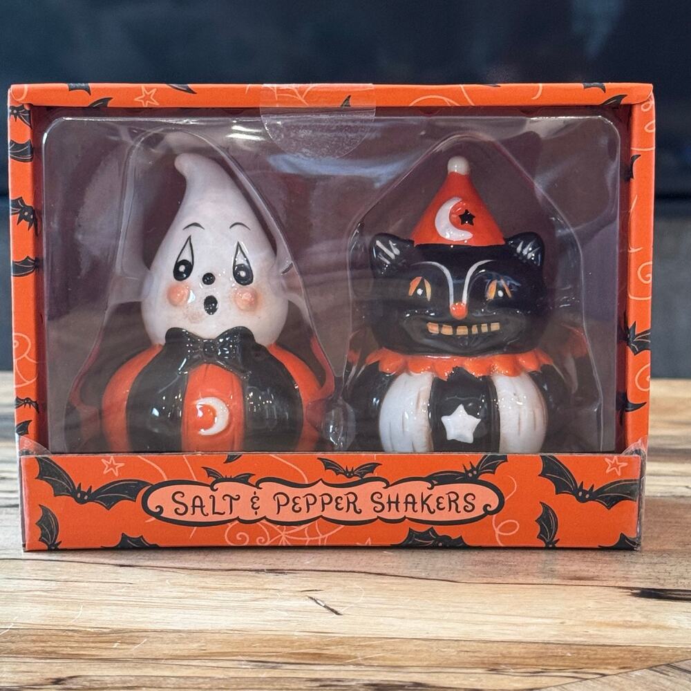 Johanna Parker Design Halloween Ghost Black Cat Salt & Pepper Shakers NIB